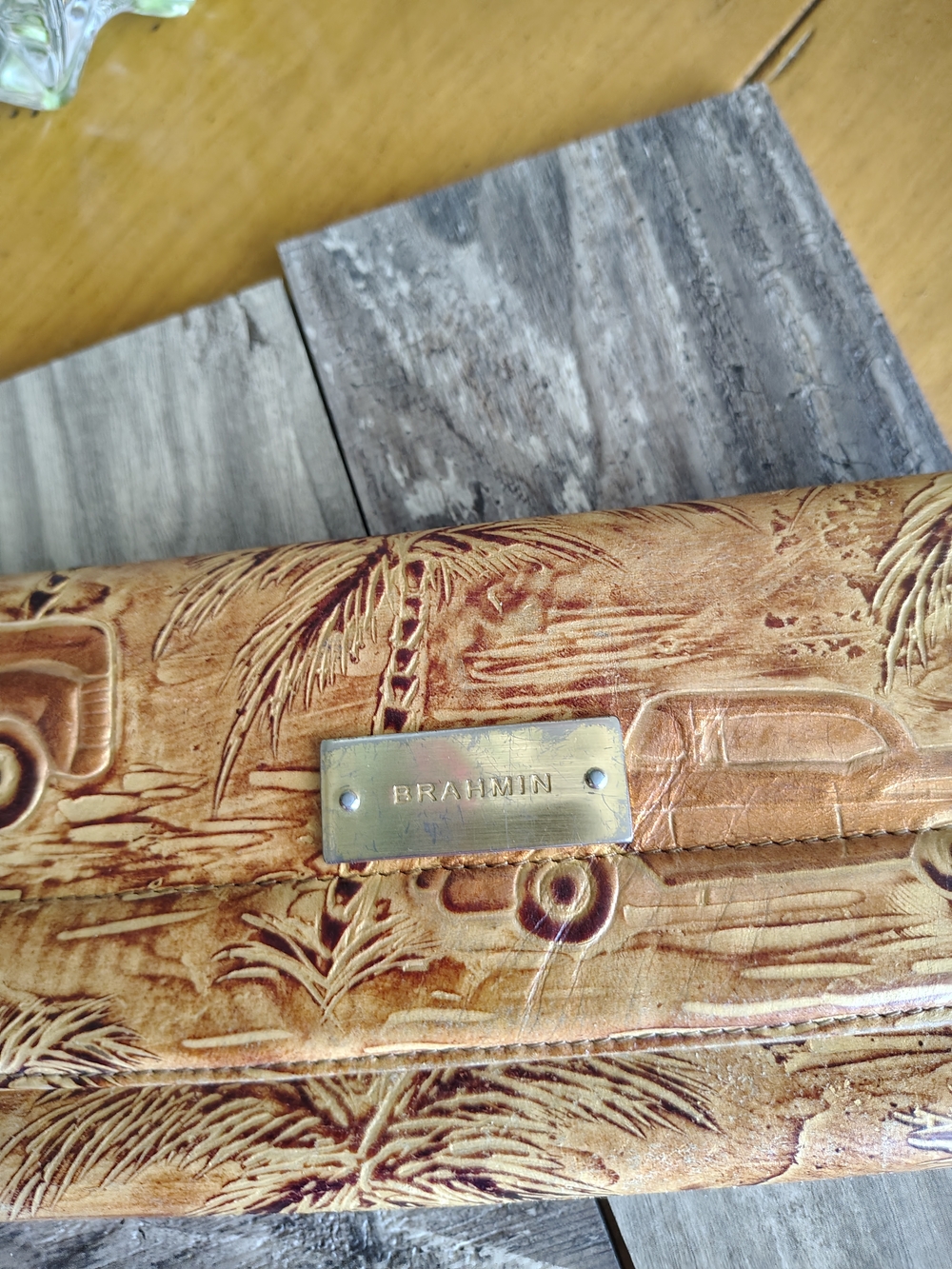Brahmin Tan Embossed Leather Wallet with Gold Plate